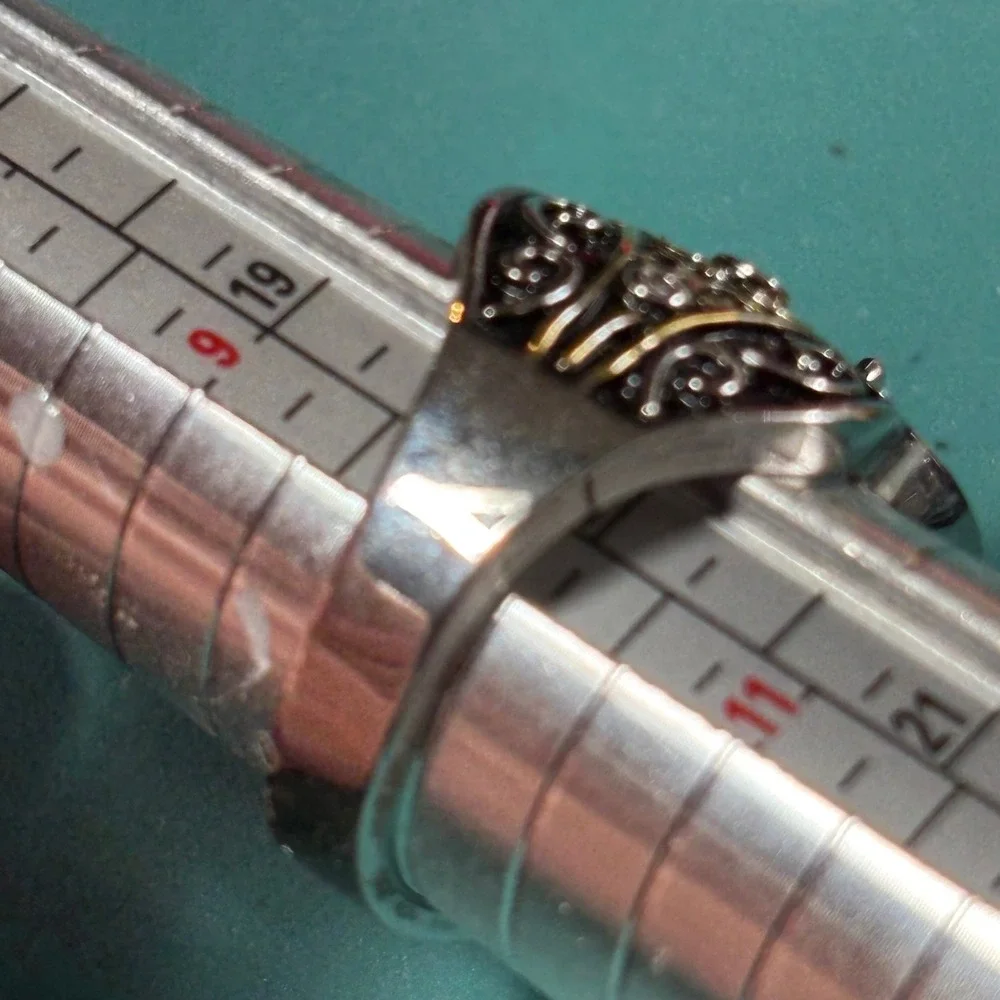 Mens Two Tone Filigree Scroll Black Onyx Statement Ring Size 10.5 Gothic Biker